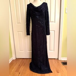 LAUREN Ralph Lauren Evening Navy Lace Sequence Long Dress 16 NWT